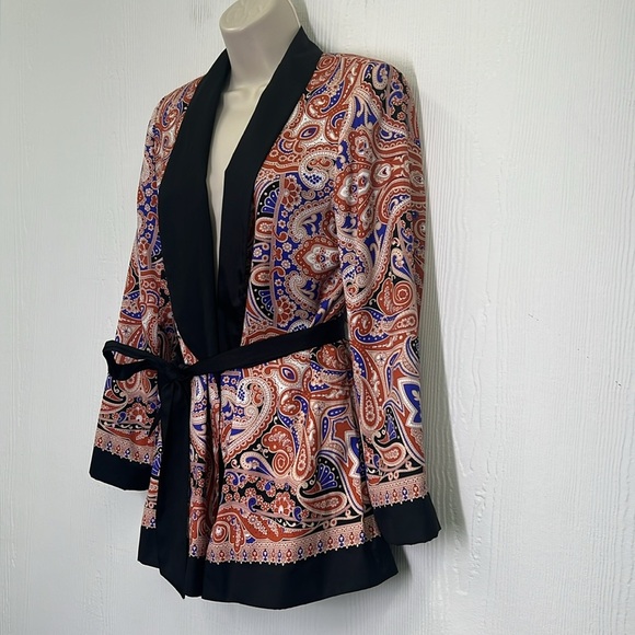 Zara - Colorful Paisley Print Black Lapels And Tie Belt Kimono Blouse Size Small - Picture 7 of 13